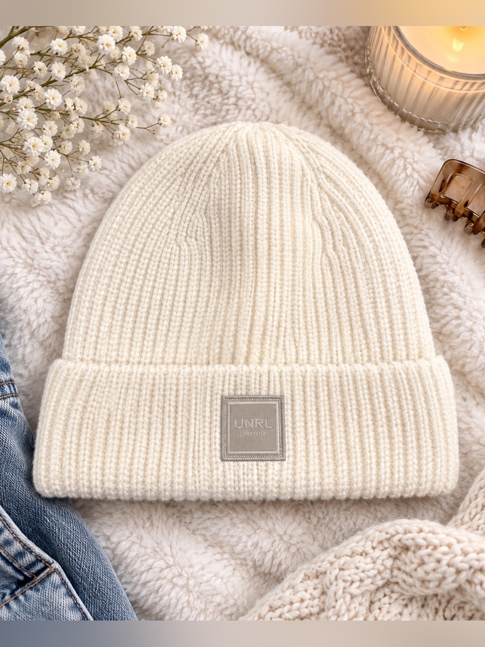 UNRL Supply Co. Cream Ribbed Knit Cuffed Beanie